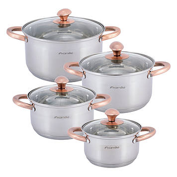 Набір каструль Kamille KM-4937 з нержавіючої сталі 8 предметів для індукції і газу (1.5 л, 2.0 л, 3.0 л, 5.0 л)