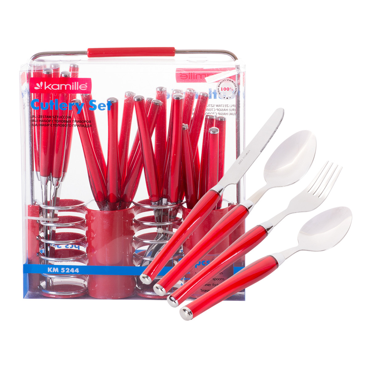 Набір столових приладів 25 предметів із нержавіючої сталі з пластиковими ручками Червоний KM 5244 Kamille KM-5244, фото 1