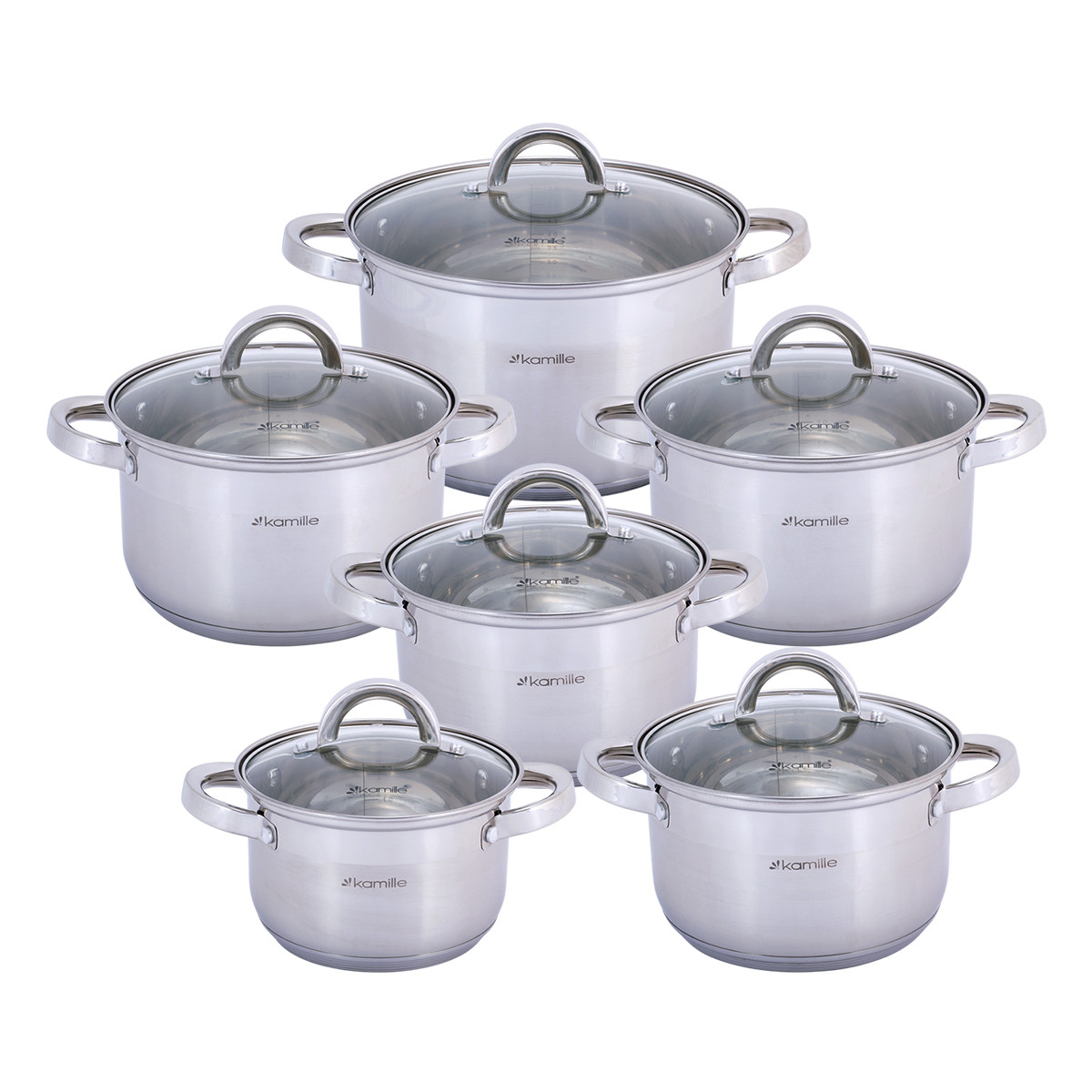 Набір каструль Kamille KM-5640S з нержавіючої сталі 12 предметів для індукції і газу (1.8 л, 2.5 л, 3.8 л, 6.5 л), фото 1