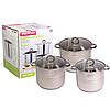 Набір каструль Kamille з нержавіючої сталі 6 предметів для індукції і газу (10.0 л, 12.5 л, 15.5 л), фото 2
