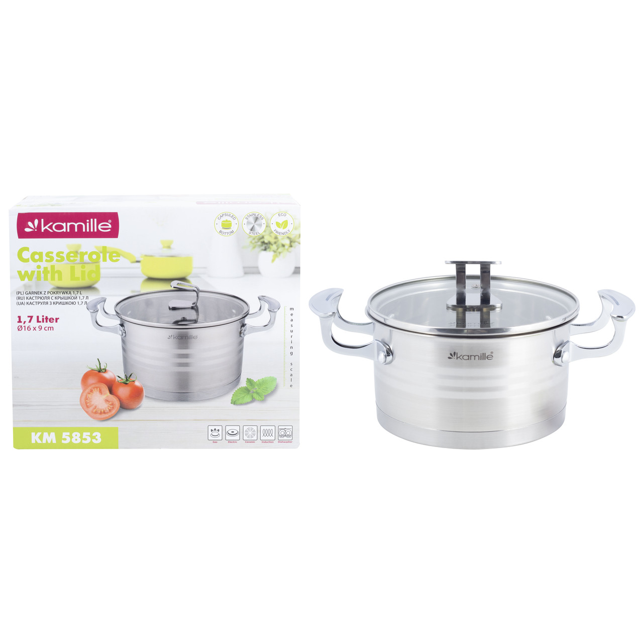 Каструля з кришкою з нержавіючої сталі для приготування їжі для індукції та газу (1,5 л) Kamille KM-5853, фото 1