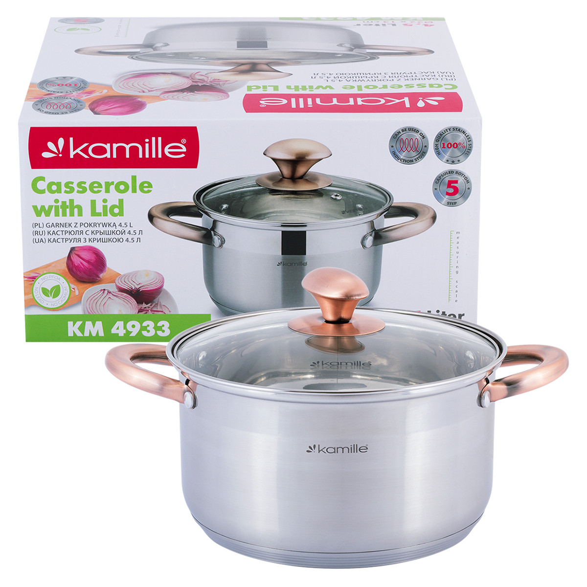 Каструля з кришкою з нержавіючої сталі та порожнистими ручками для індукції та газу (4.5 л) Kamille KM-4933, фото 1