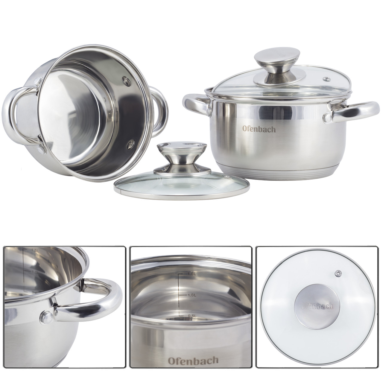 Набір посуду 4 предмети з нержавіючої сталі зі скляними кришками Ofenbach KM-100003, фото 1