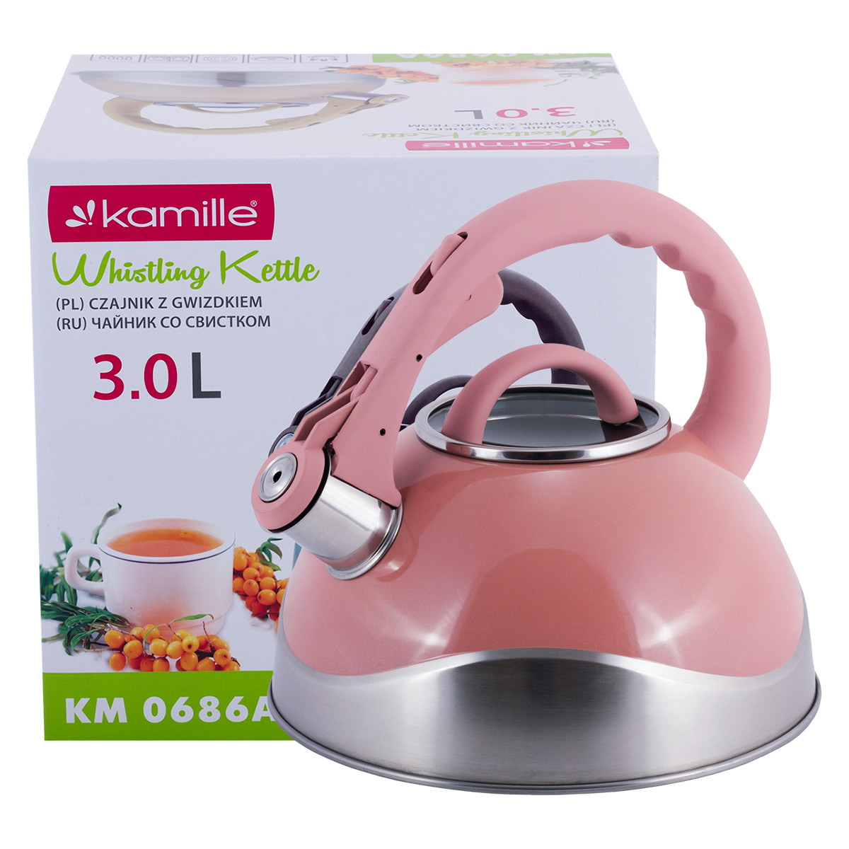 Чайник Kamille KM-0686A Рожевий 3л з нержавіючої сталі зі свистком і скляною кришкою для індукції і газу