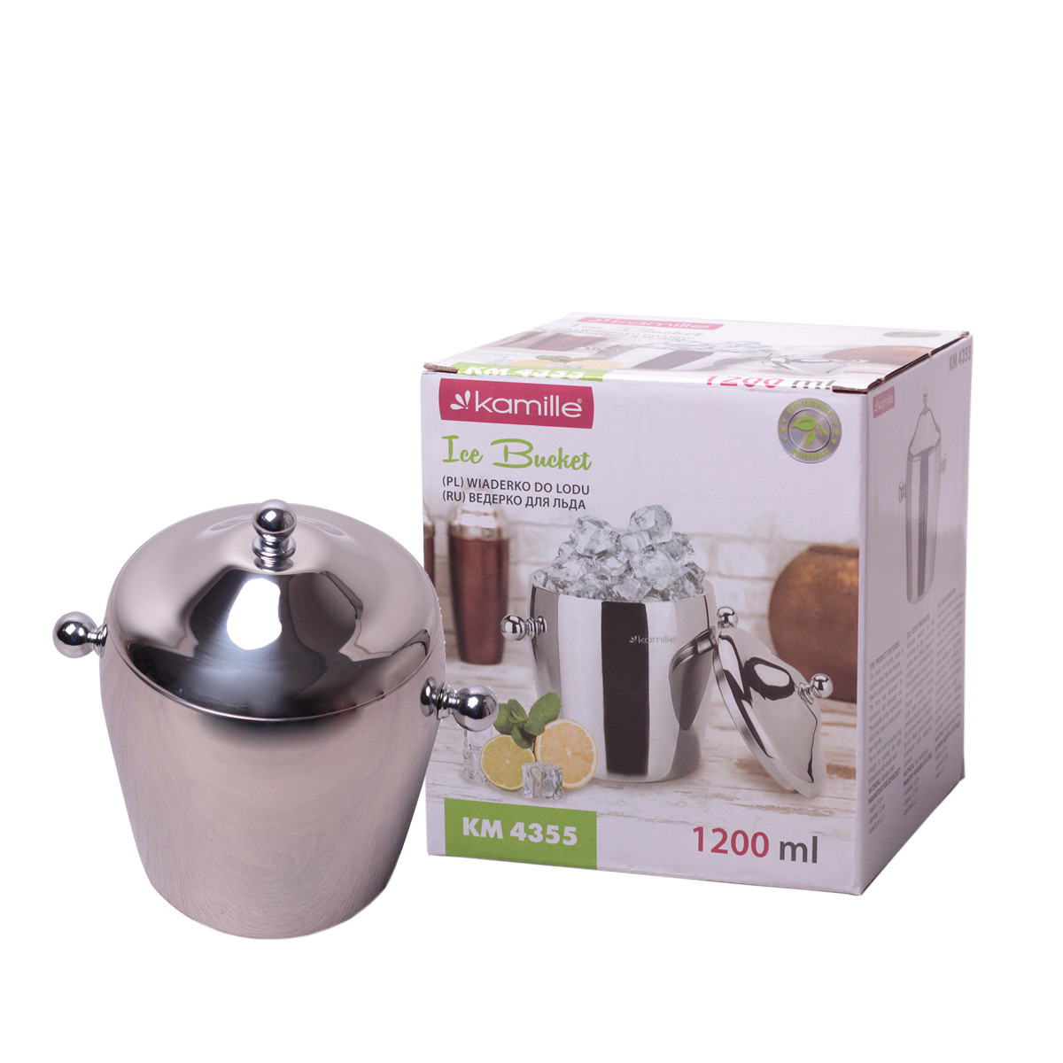 Відро для льоду з кришкою із нержавіючої сталі з двома ручками (1.2 л) Kamille KM-4355, фото 1