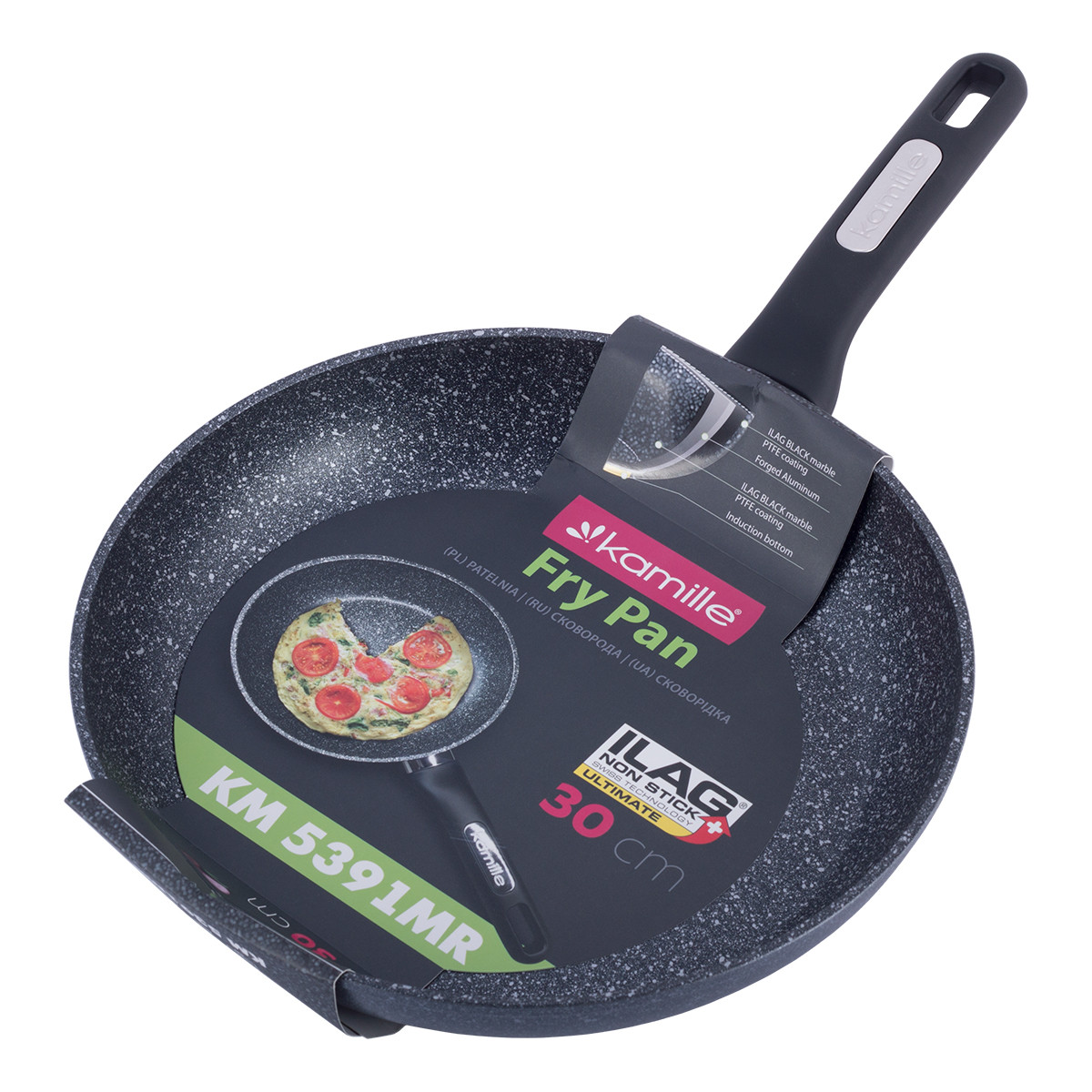 Сковорода з антипригарним покриттям чорний мармур із алюмінію для індукції та газу (30 см) Kamille KM-5391MR, фото 1