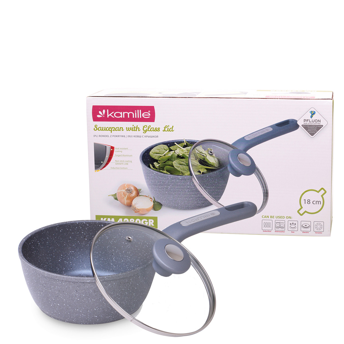 Ківш із кришкою та гранітним антипригарним покриттям для індукції та газу (1.8 л) Kamille KM-4280GR, фото 1