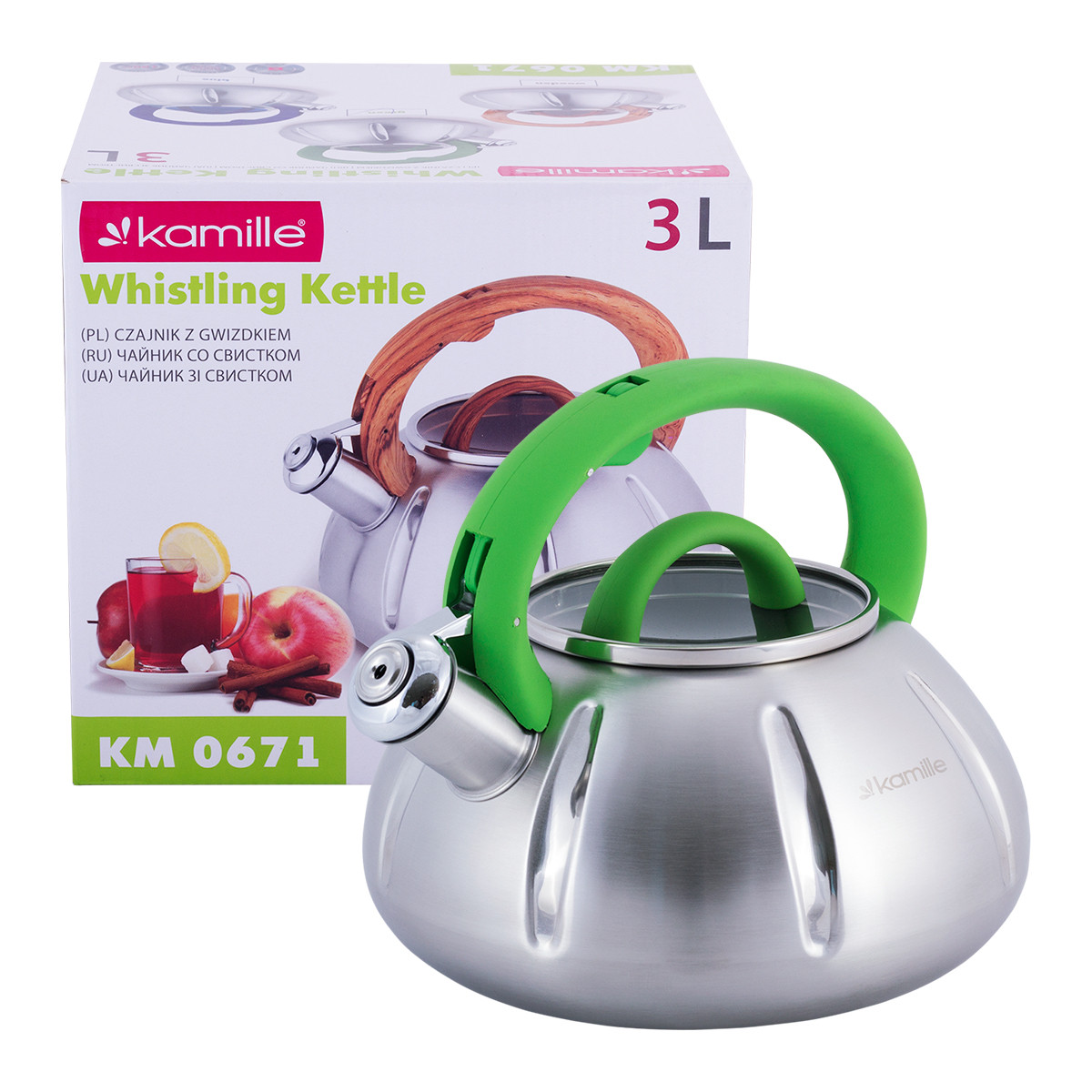 Чайник Kamille KM-0671 3л з нержавіючої сталі зі свистком і скляною кришкою для індукції
