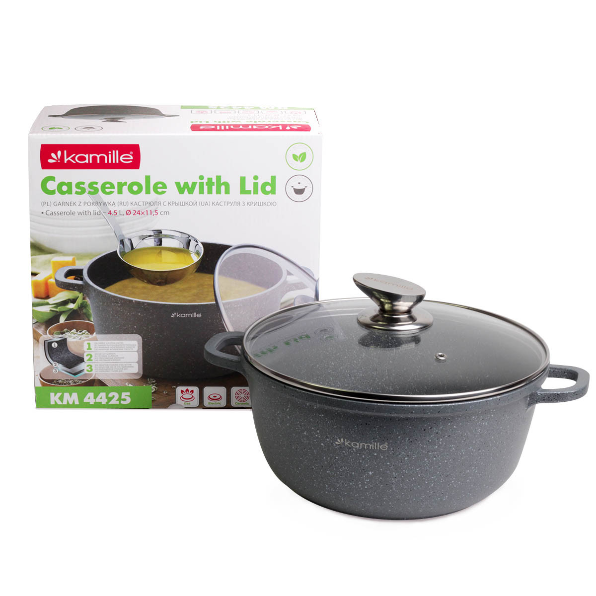 Каструля з кришкою з литого алюмінію з антипригарним покриттям "граніт" (4.5 л) Kamille KM-4425, фото 1