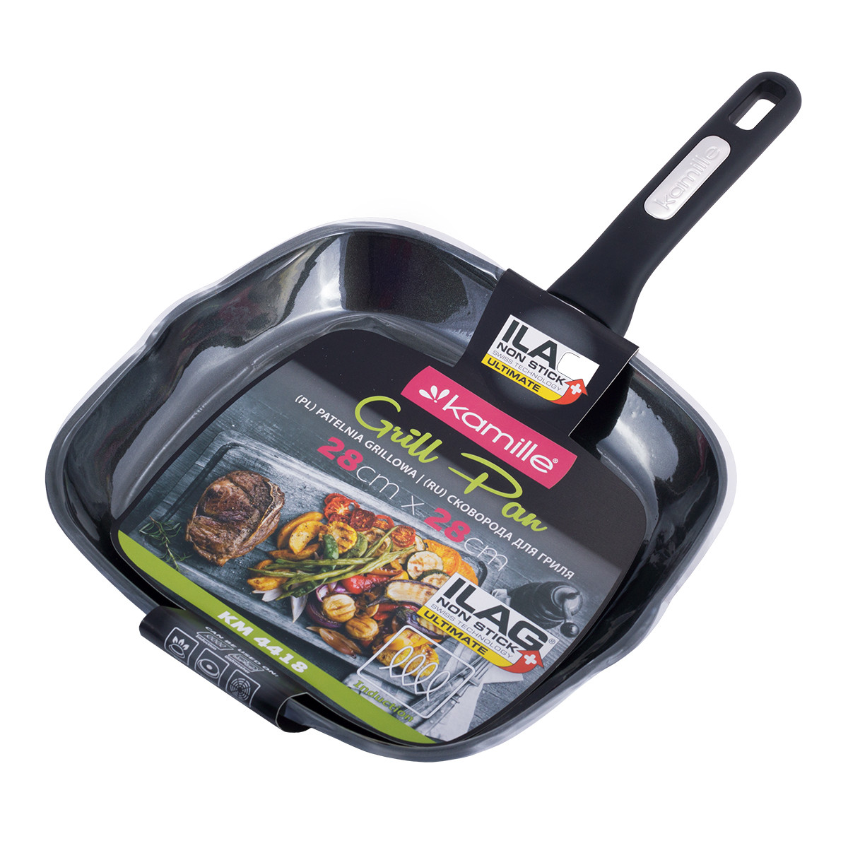 Сковорода-гриль з антипригарним покриттям із алюмінію для індукції та газу (28*28*4 см) Kamille KM-4418, фото 1