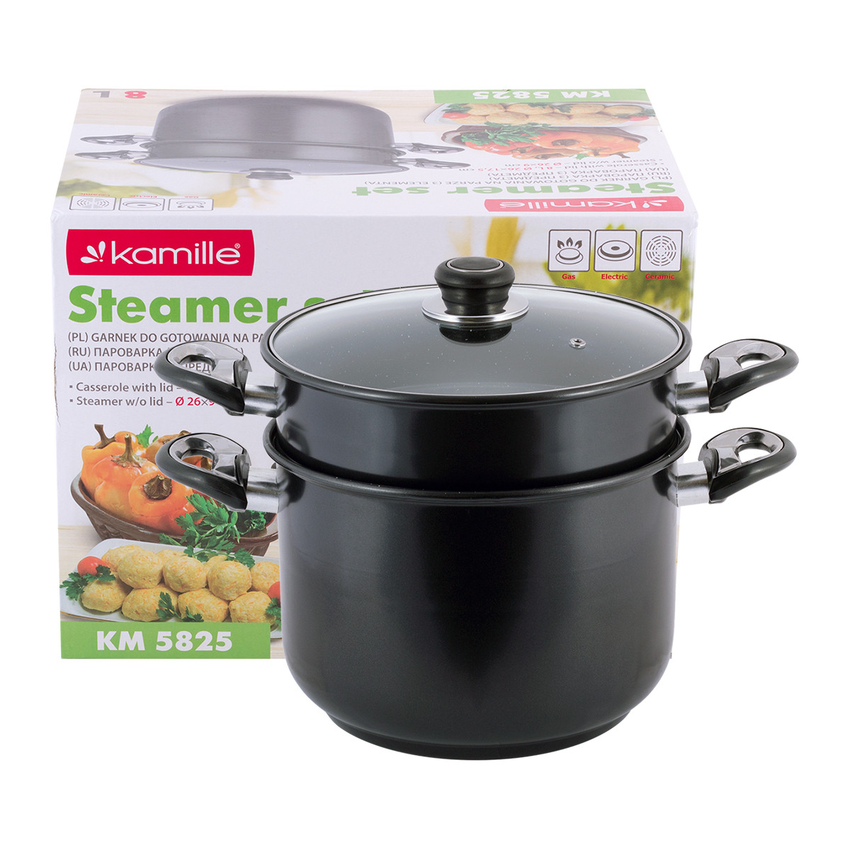 Пароварка 2-х рівнева з вуглецевої сталі для приготування їжі для індукції та газу (8 л) Kamille KM-5825, фото 1