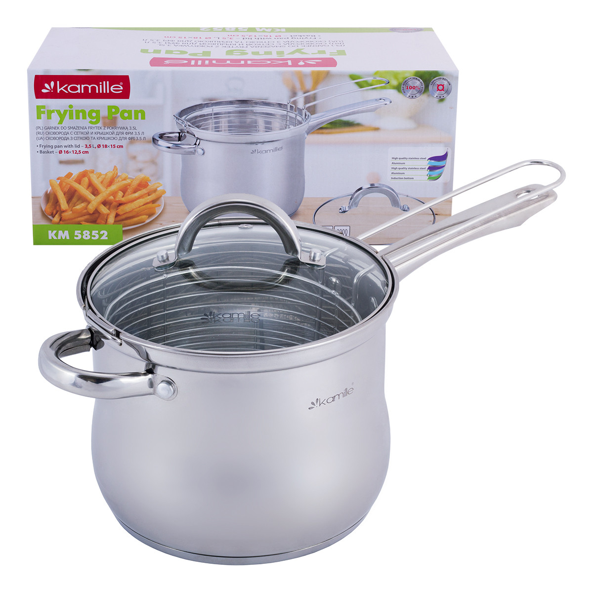 Каструля-фритюрниця із нержавіючої сталі зі скляною кришкою (18*15 см) 3,5 л Kamille KM-5852, фото 1