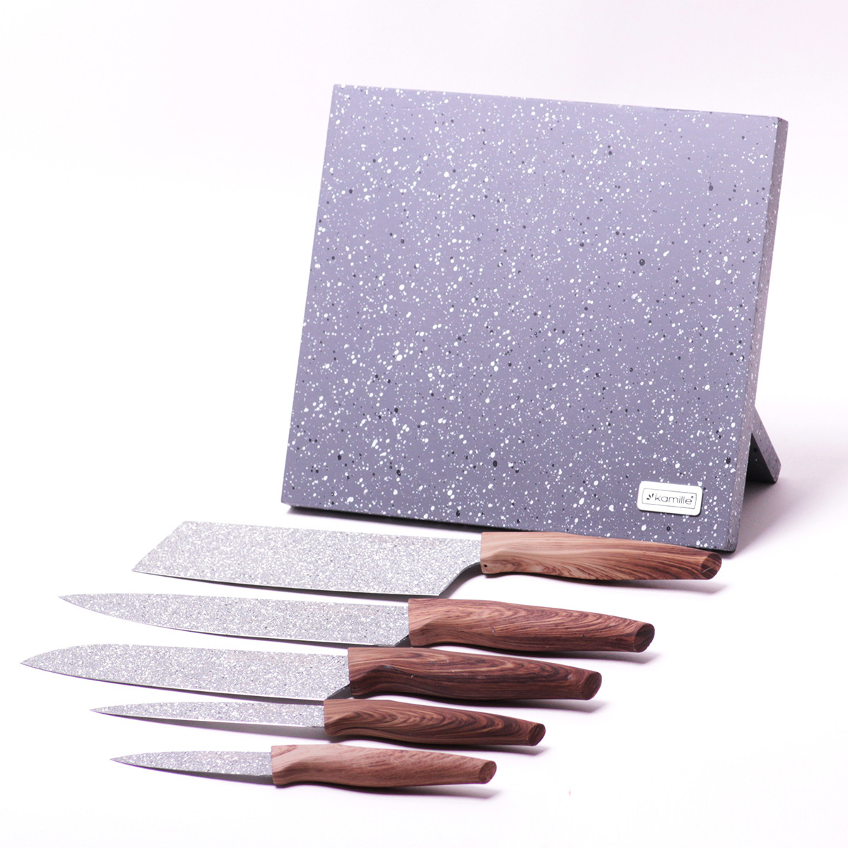 Набір ножів із нержавіючої сталі на підставці з мармуровим покриттям 6 предметів Kamille KM-5047, фото 1