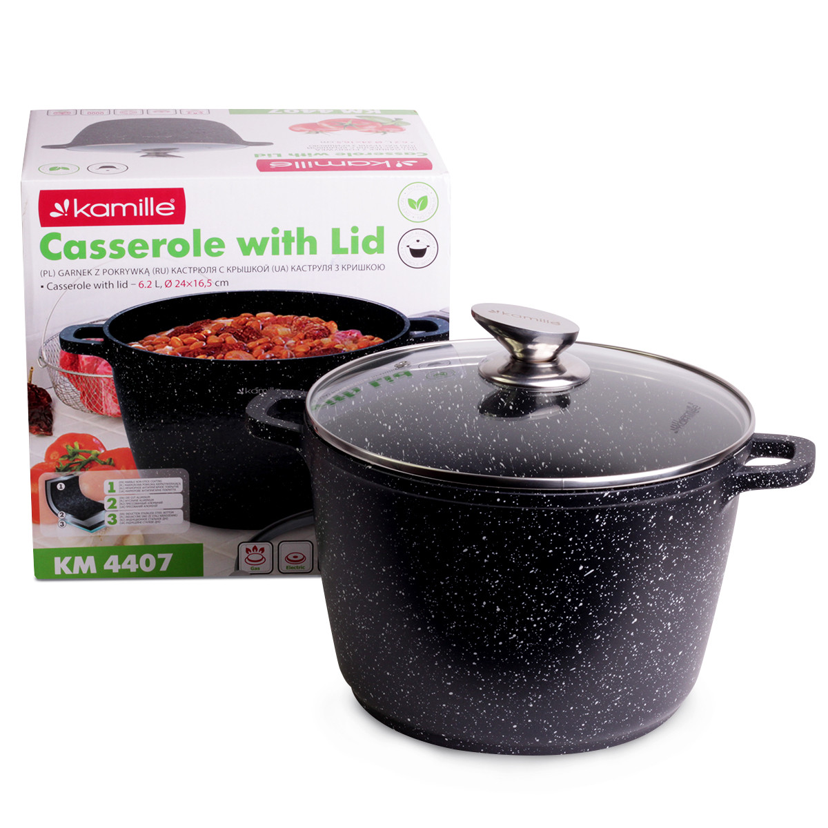 Каструля з кришкою з литого алюмінію з антипригарним покриттям для індукції та газу (6.2 л) Kamille KM-4407, фото 1