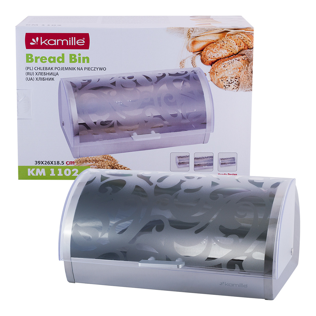 Хлібниця з нержавіючої сталі із пластиковою кришкою (39 см) Kamille KM-1102, фото 1