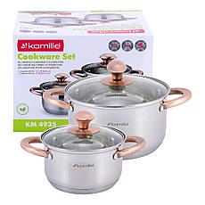 Набір каструль із нержавіючої сталі з кришками 4 предмети для індукції та газу (1.5л, 3.0л) Kamille KM-4935