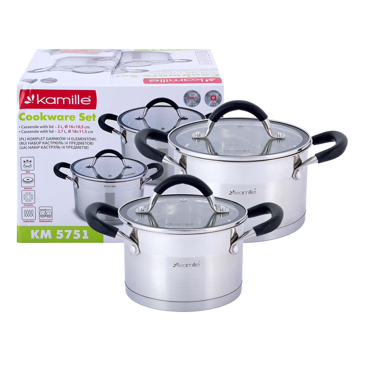 Набір каструль із нержавіючої сталі з кришками 4 предмети для індукції та газу (2.0 л, 2.7 л) Kamille KM-5751, фото 1