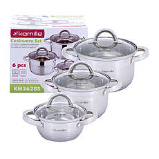 Набір каструль із нержавіючої сталі для індукції та газу 6 предметів (1.0л, 1.8л, 2.5л) Kamille KM-5628S