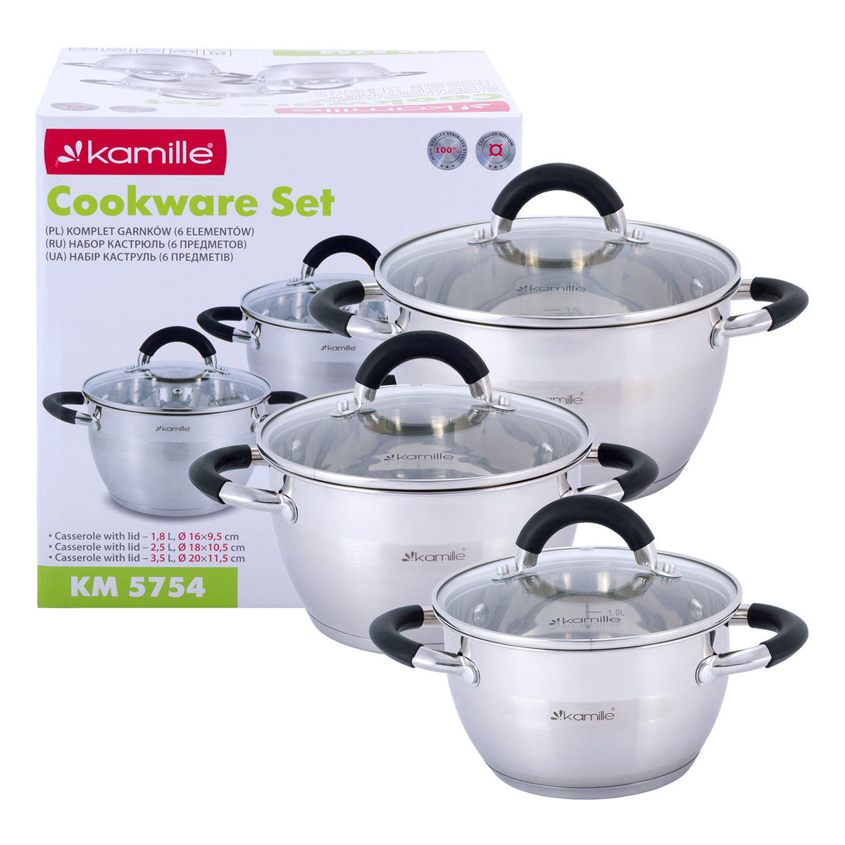 Набір каструль із нержавіючої сталі 6 предметів для індукції та газу (1.8л, 2.5л, 3.5л) Kamille KM-5754, фото 1
