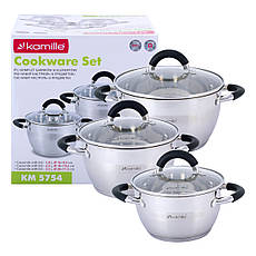 Набір каструль із нержавіючої сталі 6 предметів для індукції та газу (1.8л, 2.5л, 3.5л) Kamille KM-5754