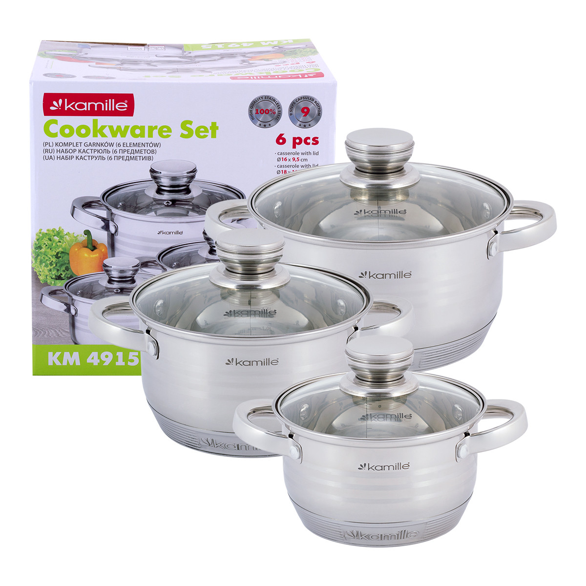 Набір каструль із нержавіючої сталі 6 предметів для індукції та газу (1.5л, 2.0л, 3.0л) Kamille KM-4915, фото 1