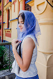 Хустка жіночий шифоновий однотонний стильний із золотистою кліткою колір блакитний 80*80