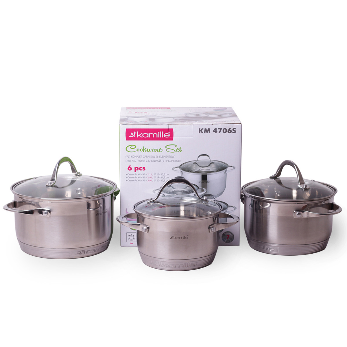 Набір каструль із нержавіючої сталі з кришками 6 предметів (1.8 л, 2.3 л, 3.3 л) Kamille KM-4706S, фото 1
