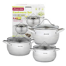 Набір каструль із нержавіючої сталі 6 предметів для індукції та газу (2.1л, 3.7л, 6.1л) Kamille KM-5911