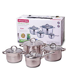 Набір посуду з нержавіючої сталі 8 предметів для індукції та газу (2.1л, 2.9л, 3.9л, 6.5л) Kamille KM-5632S