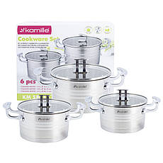 Набір каструль з нержавіючої сталі 6 предметів для індукції та газу (1.7 л, 2.4 л, 3.1 л) Kamille KM-5861