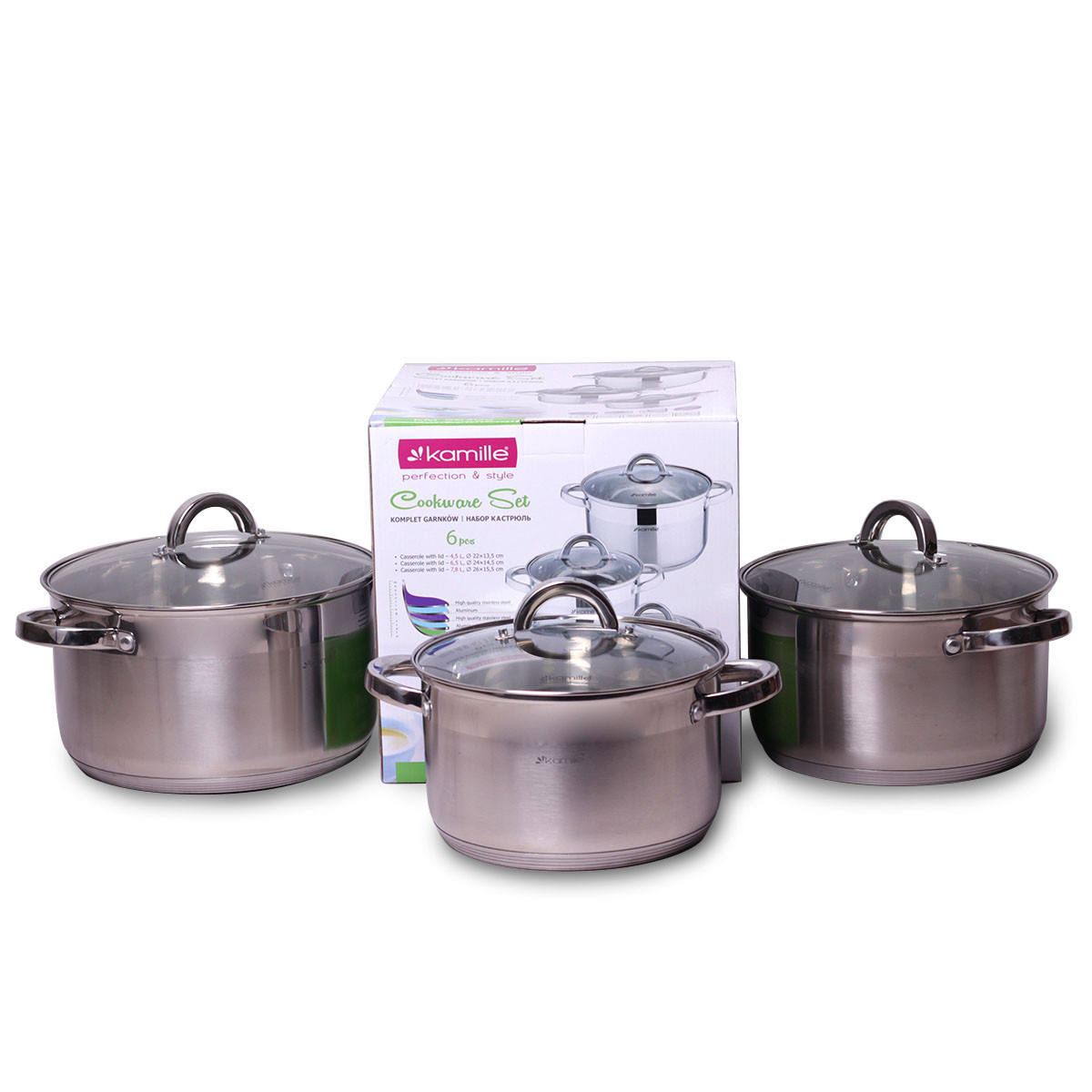 Набір каструль із нержавіючої сталі 6 предметів для індукції та газу (4.0 л, 5.5 л, 7.0 л) Kamille KM-5630S, фото 1
