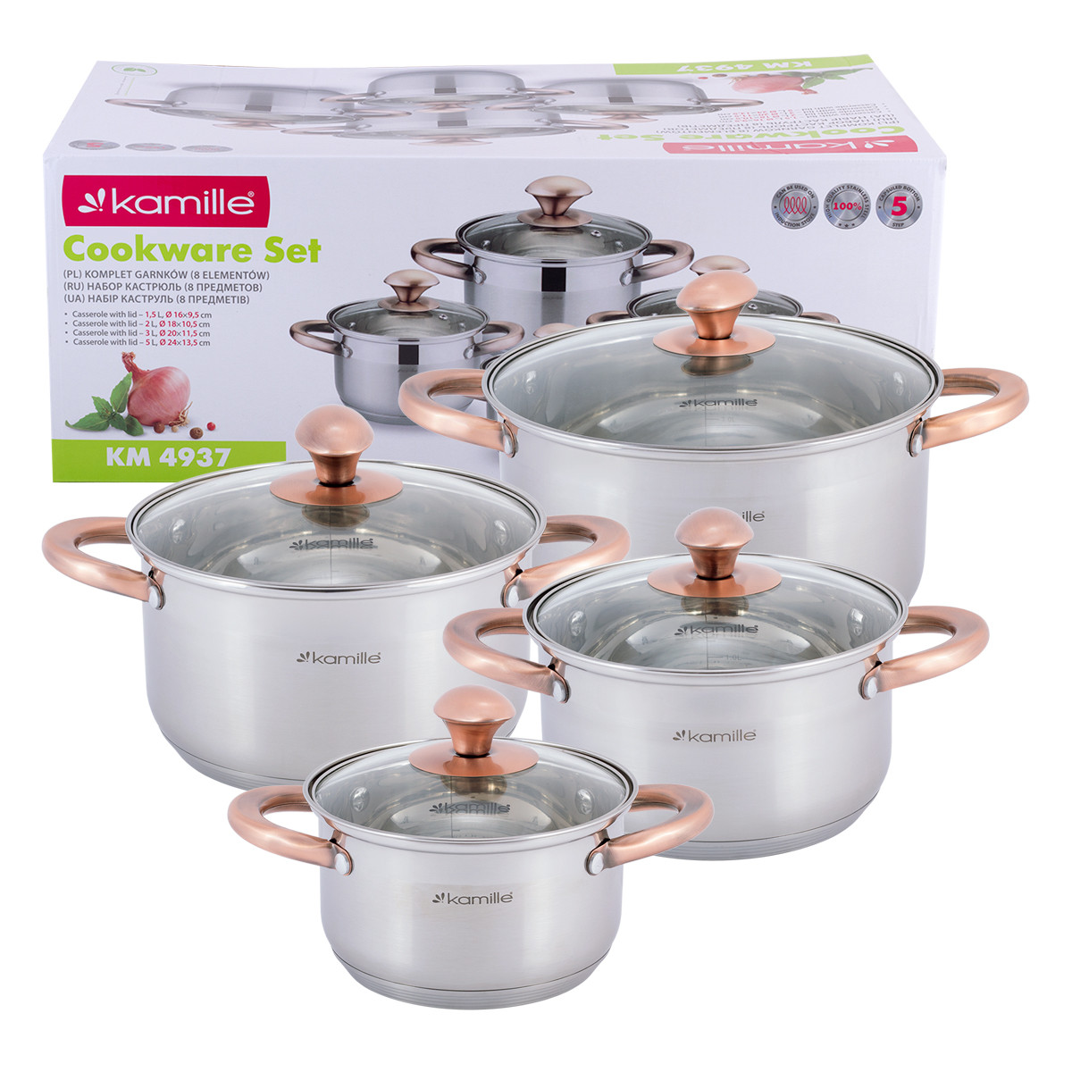Набір каструль із нержавіючої сталі 8 предметів для індукції та газу (1.5л, 2.0л, 3.0л, 5.0л) Kamille KM-4937, фото 1