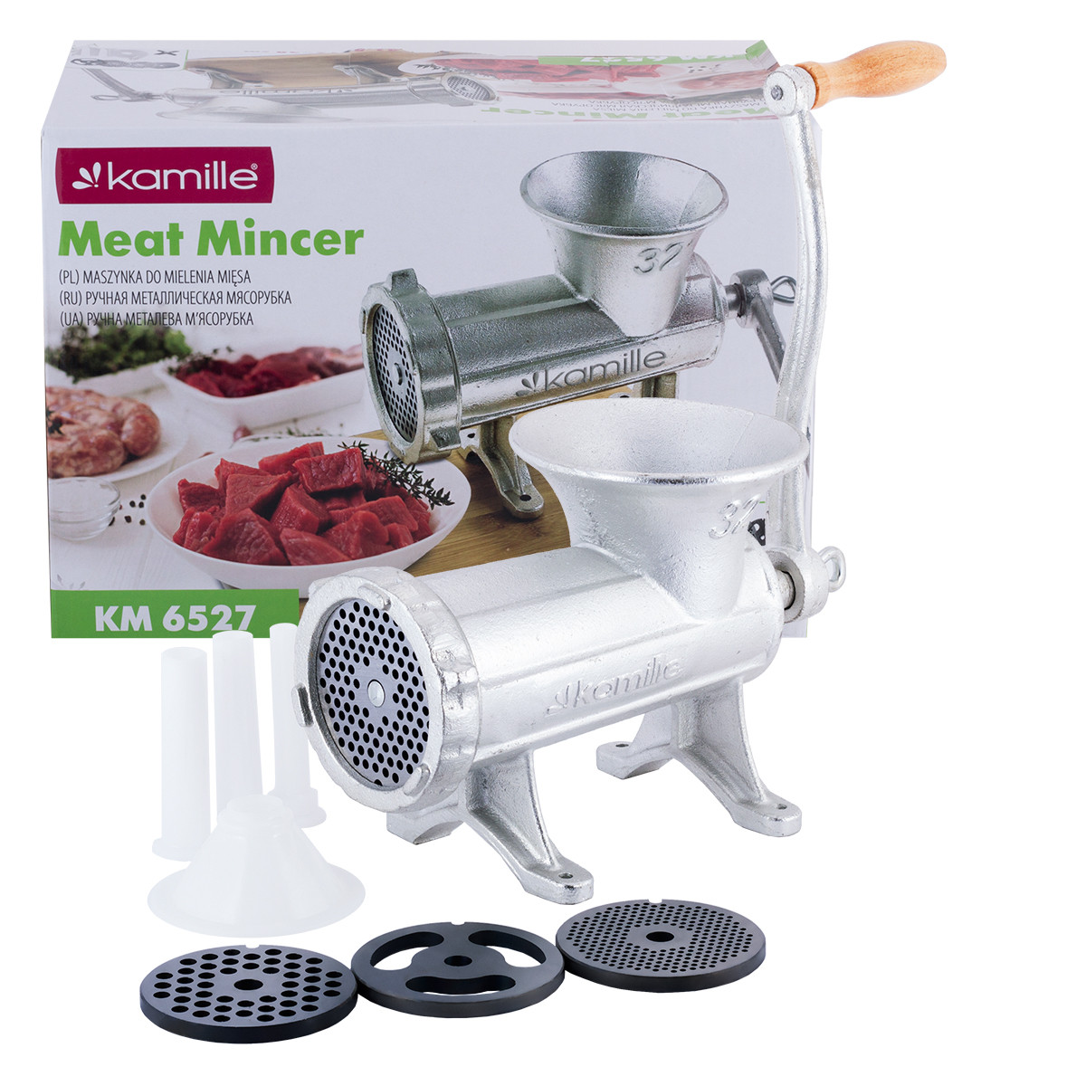 М'ясорубка ручна чавунна з 3-ма насадками (31х15х20, 5 см) Kamille KM-6527, фото 1