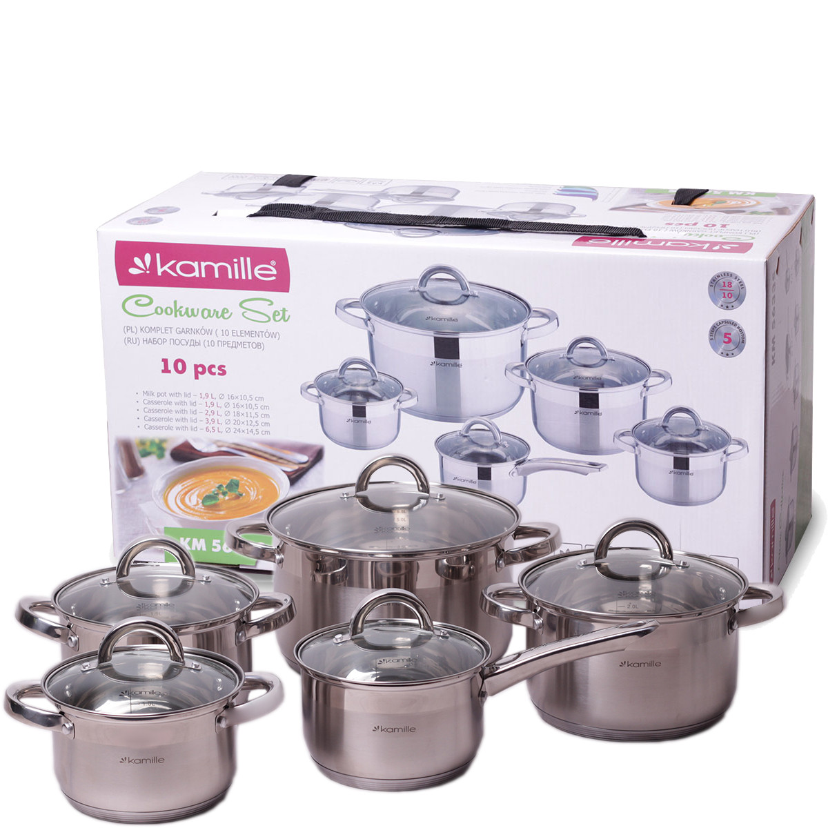 Набір посуду із нержавіючої сталі 10 предметів для індукції (2.1 л, 2.9 л, 3.9 л, 6.5 л) Kamille KM-5633S, фото 1