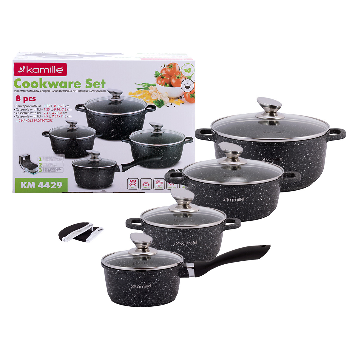 Набір посуду з литого алюмінію з кришками 9 предметів для індукції (1.5л, 1.25л, 2.3л, 4.5л) Kamille KM-4429, фото 1