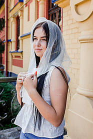 Хустка жіночий шифоновий красивий однотонний стильний із золотистою кліткою колір білого кольору 80*80