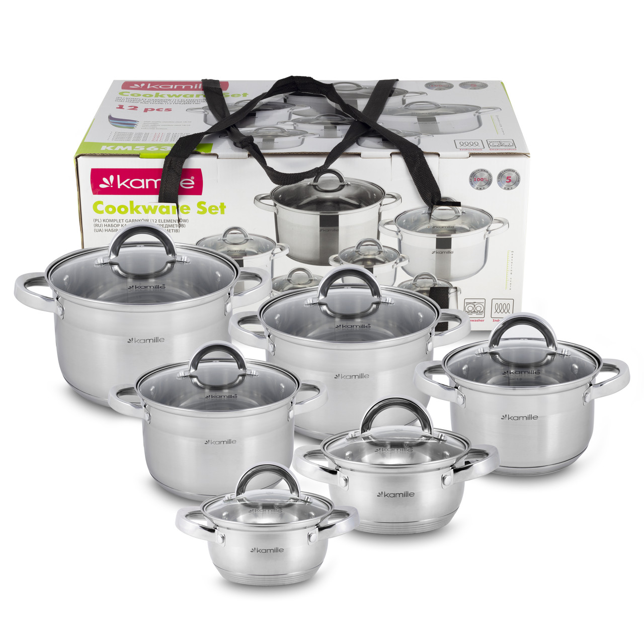 Набір каструль із нержавіючої сталі 12 предметів (1.0л, 1.8л, 2.5л, 3.8л, 4.5л, 6.5л) Kamille KM-5638S, фото 1