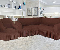 Чехлы для мебели Milano угловой диван и кресло жатка с оборкой Коричневый