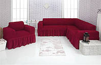 Чехлы для мебели Milano угловой диван и кресло жатка с оборкой Бордовый