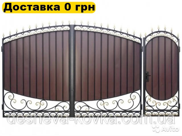 Ворота з зовнішньою хвірткою та кованими елементами