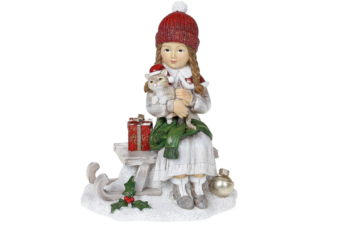 Декоративна статуетка Дівчинка з кішкою, 17.5см, колір - вінтажний сірий з червоним 707-309