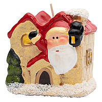 Декоративный новогодний подсвечник Домик и Дед Мороз со свечкой, 6,8х6х6 см, красная крыша, керамика