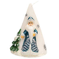 Декоративная новогодняя свечка Конус с рисунком Деда Мороза, 9х9х12 см, белый с синим, воск (791255-1)