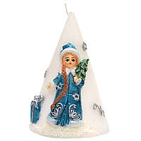 Декоративная новогодняя свечка Конус с рисунком Снегурочки, 9х9х12 см, белый с синим, воск (791255-2)