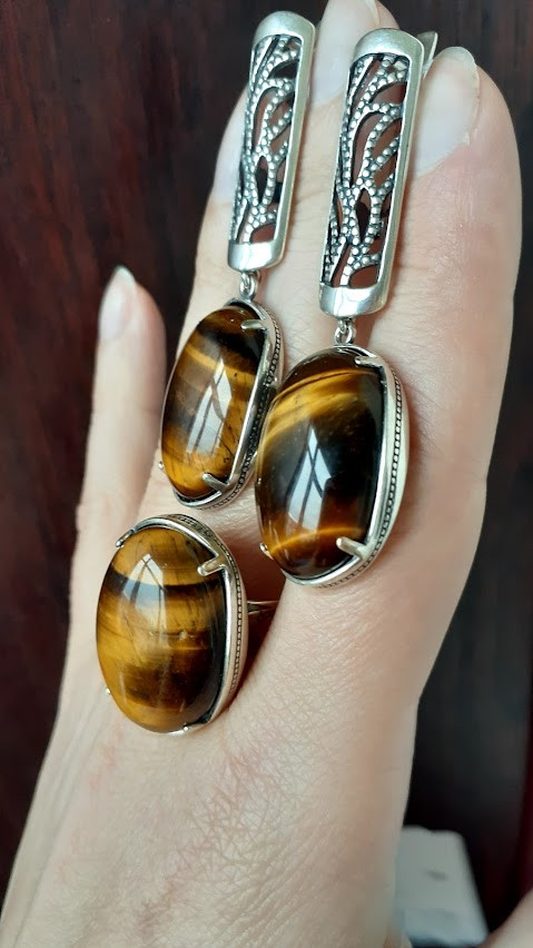 Срібний комплект із тигровим оком, фото 1