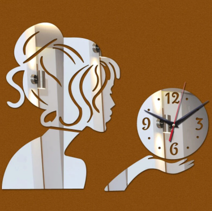 Годинник настінний дзеркальний до 65 см Дівчина з годинником срібні, фото 2