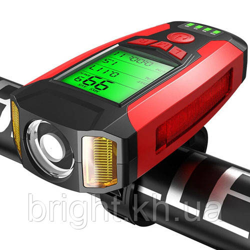 Велозвонок + комп'ютер + фара AS0808-XPG+2LED(yellow)+COB(red), виносна кнопка, Waterproof, акум., ЗУ micro