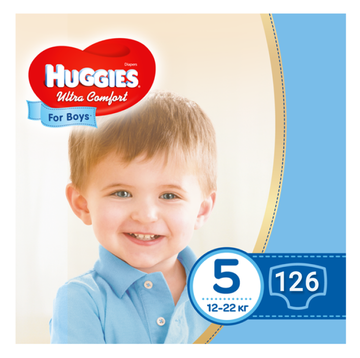 Підгузки дитячі Huggies Ultra Comfort для хлопчиків 5 (12-22 кг) Mega Box 126 шт, фото 1