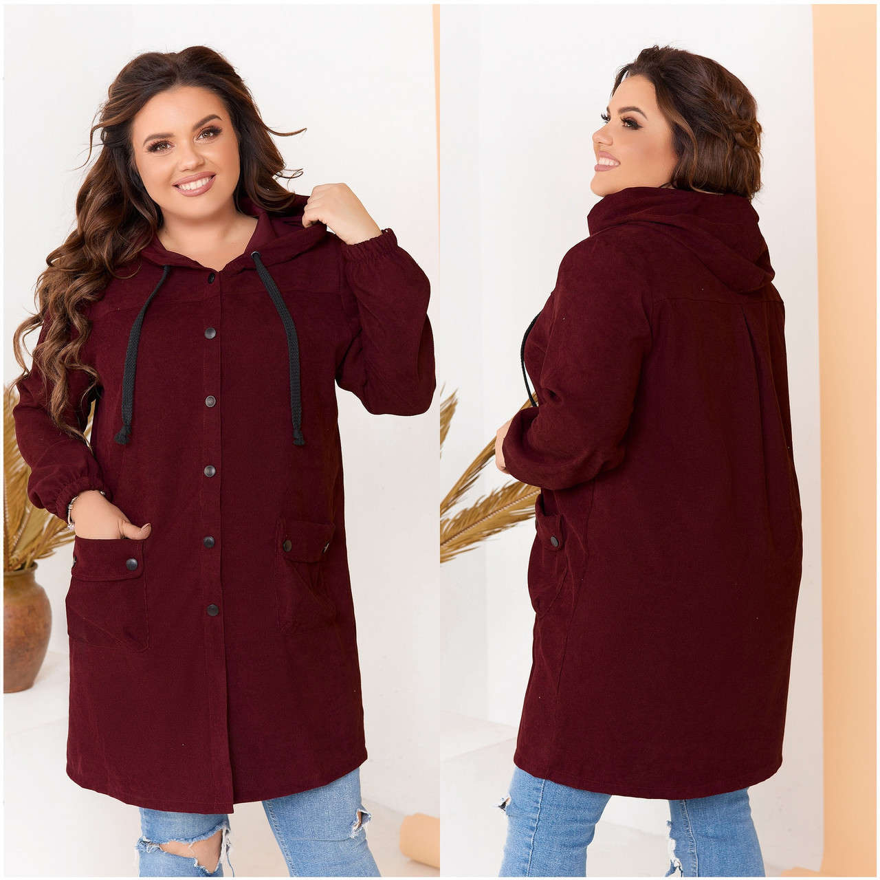 Куртка-ветровка женская удлиненная микровельвет БАТАЛ марсала, 64/66 ...