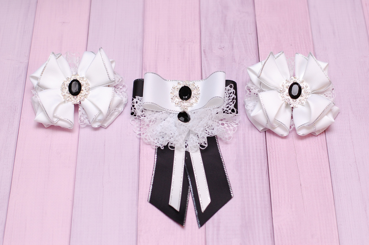 Набір до школи банти на резинці і та дитяча краватка - брошка біло-чорний 455  об, фото 1